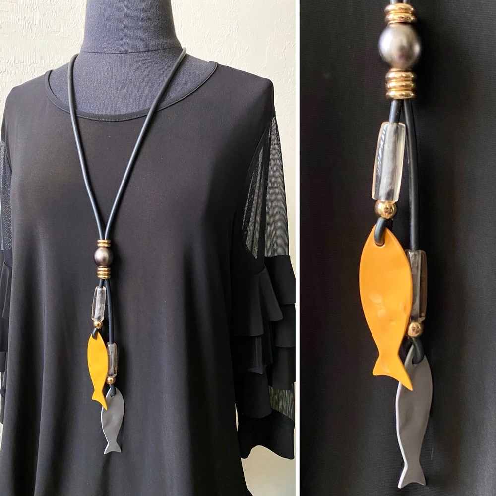 LAST CHANCE SALE! Leather Mixed Media Beaded Fish Pendant Statement Necklace
